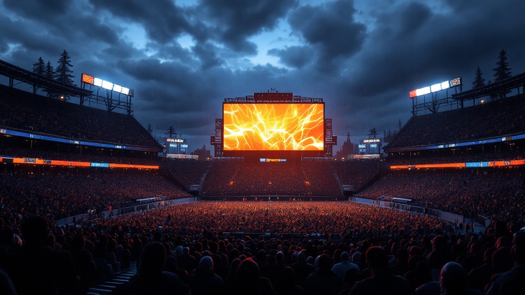 Outdoor LED scoreboard at a Seattle stadium at night